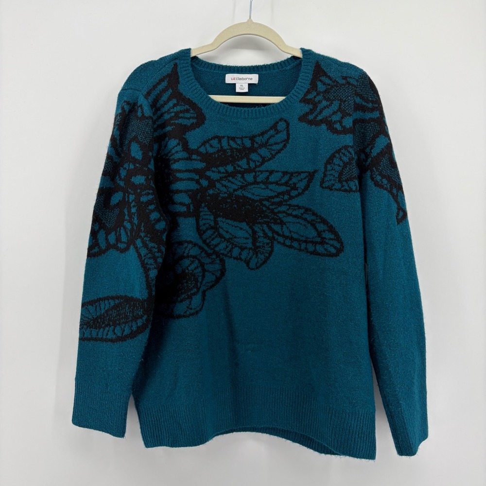 Liz Claiborne Sweater Teal Women XL Floral Graphic Crew Neck Knit Pullover